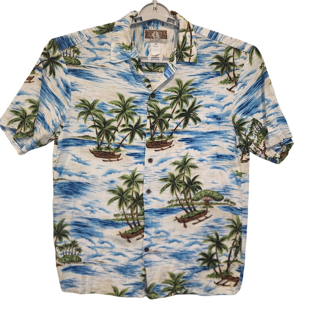 Kalaheo Vtg Hawaiian Shirt Mens Medium Blue White Tropical Palm Tree USA Made